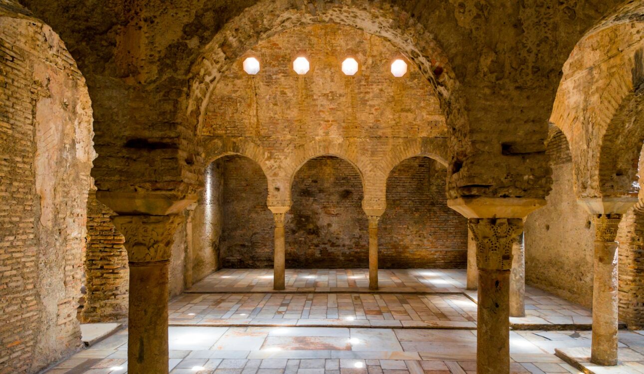 Ornate pillars in Alhambra, Granada, Andalusia, Spain