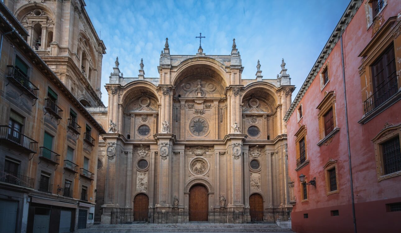 Granada Cathedral Facade at Plaza de las Paciegas at sunset - Granada, Andalusia, Spain