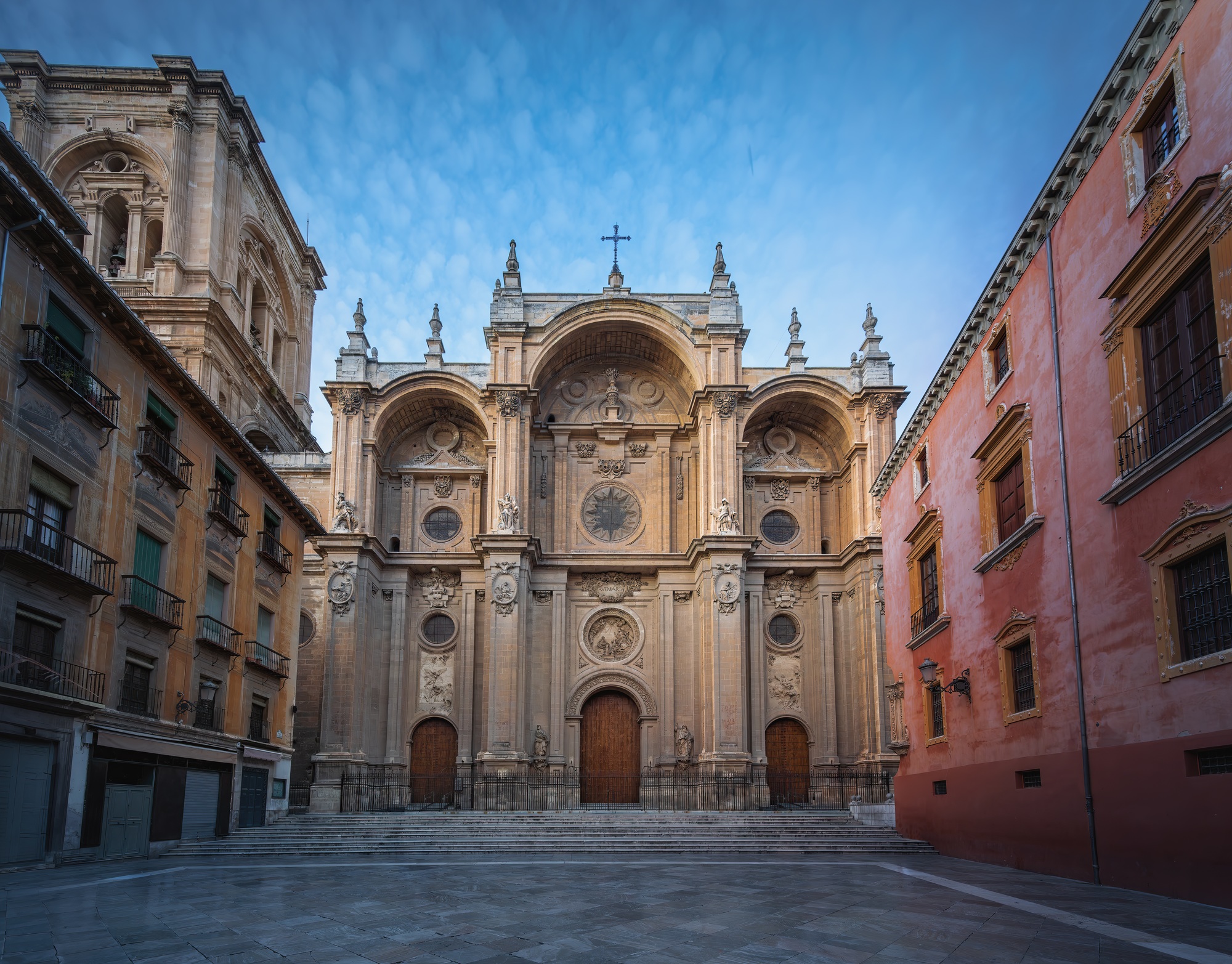 Granada Cathedral Facade at Plaza de las Paciegas at sunset - Granada, Andalusia, Spain