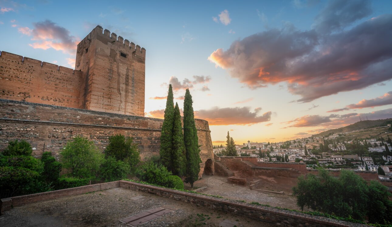 Alcazaba at sunset with Torre del Homenaje at Alhambra - Granada, Andalusia, Spain
